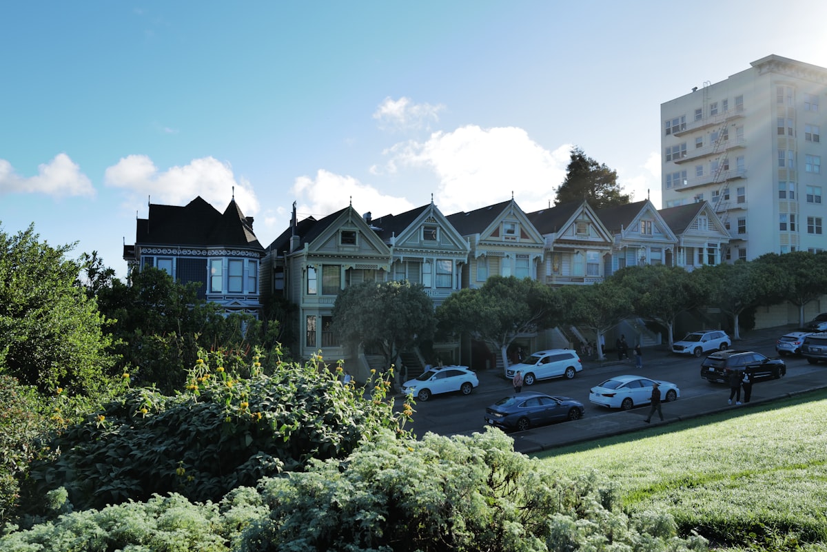 Painted Lady Victorians beside a green park in San Francisco